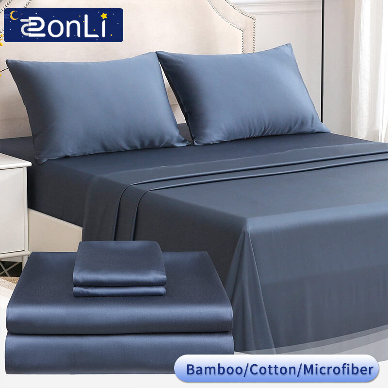 ZonLi-juego de sábanas de fibra de bambú Natural, Set de ropa de cama de 4 piezas, suave refrigeración, Color sólido, tamaño King y Queen, funda de edredón