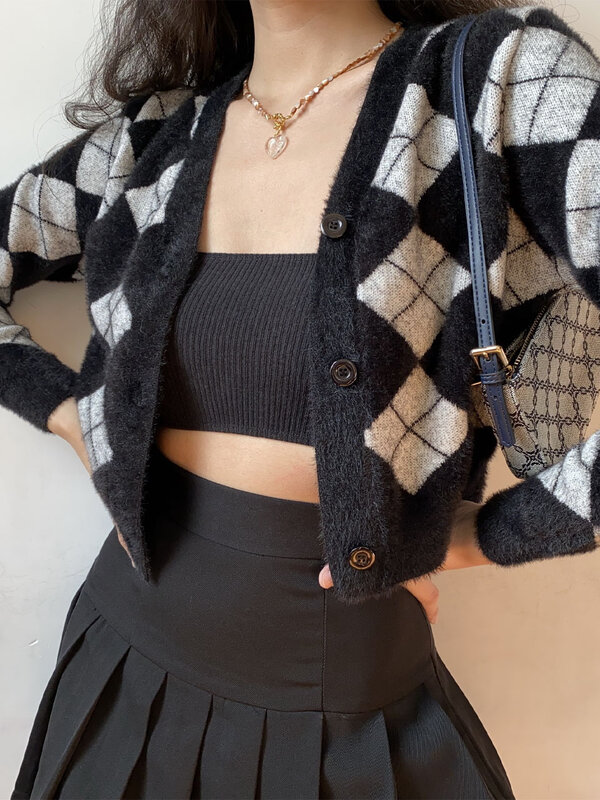 여성 니트 스웨터, 새로운 컬러 매칭 다이아몬드 격자 싱글 단추, 루즈한 캐주얼 니트 가디건 스웨터, 가을/겨울 상품