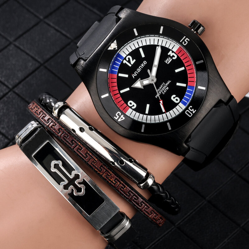 ファッションスポーツメンズ腕時計シリコンストラップ防水カレンダークォーツ腕時計高級ブレスレットセット男性リロイhombre