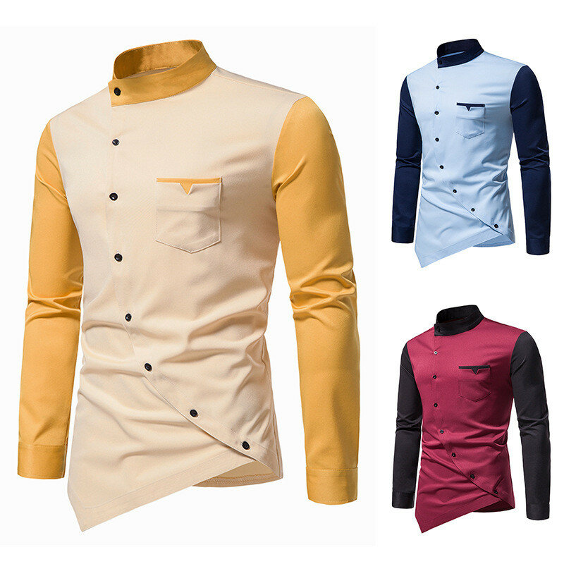Camisas masculinas 2022 primavera e outono novo tamanho europeu juventude irregular contraste cor colarinho camisa masculina tops streetwear