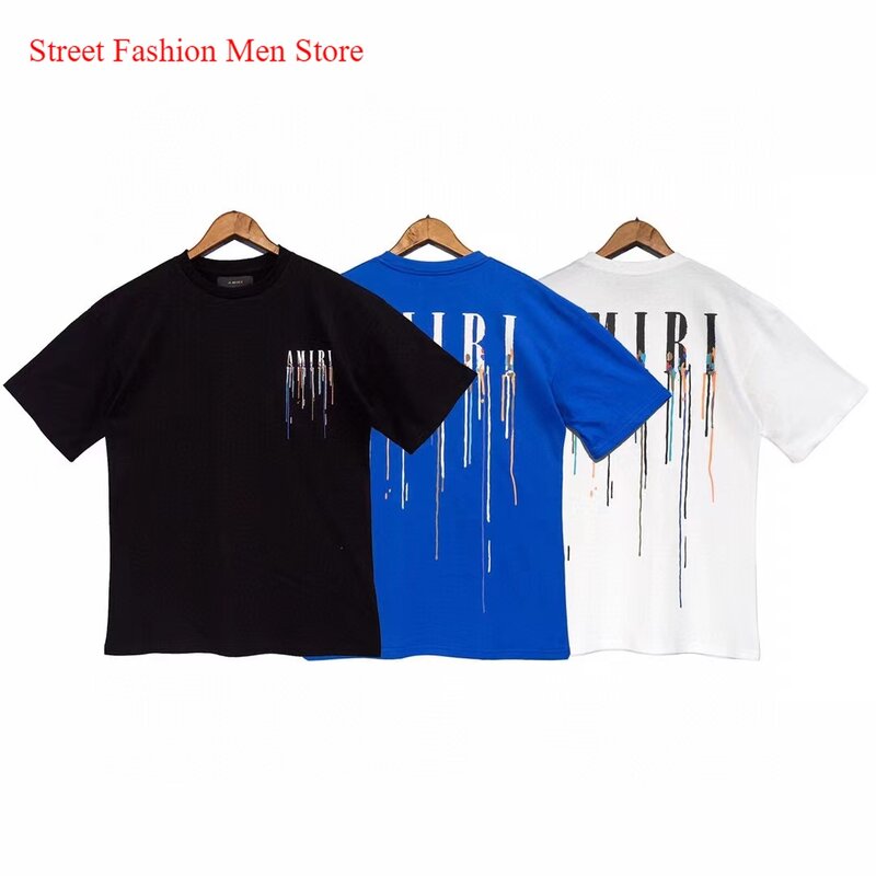 AMIRI-Camiseta holgada con estampado de letras, Camiseta deportiva de manga corta con estampado de letras de tinta de salpicaduras de Color 22SS, marca de marea europea y americana