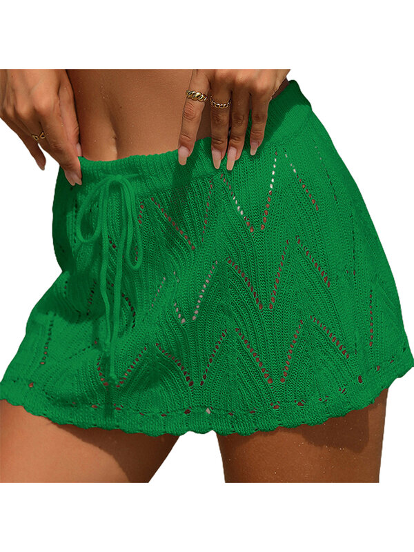 Yassiglia Womens Boho Crochet Cover Up Skirt Summer Drawstring High Waist Beach Coverups Knitted Mini Skirt for Women