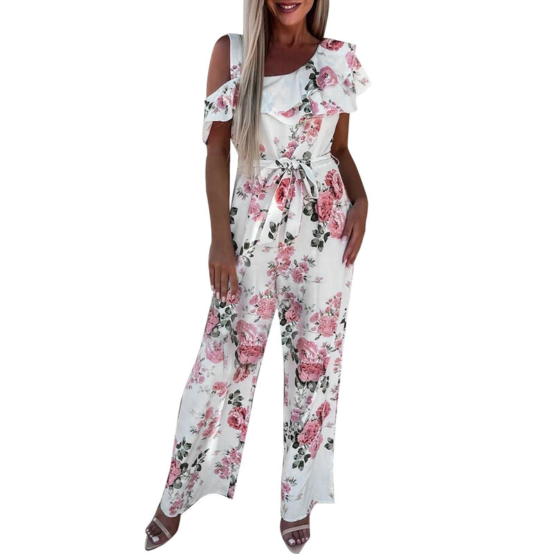 Feminino solto sem mangas floral impressão macacões para mulher vestido festa pintura macacão para mulher folhas pijama