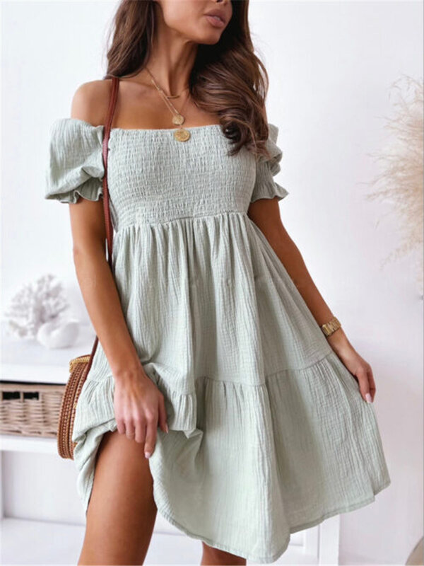 2022 Summer Popular Polyester High Waist Solid Color Stitching Open Back Wrap Chest Large Swing Type One-shoulder Short Dress