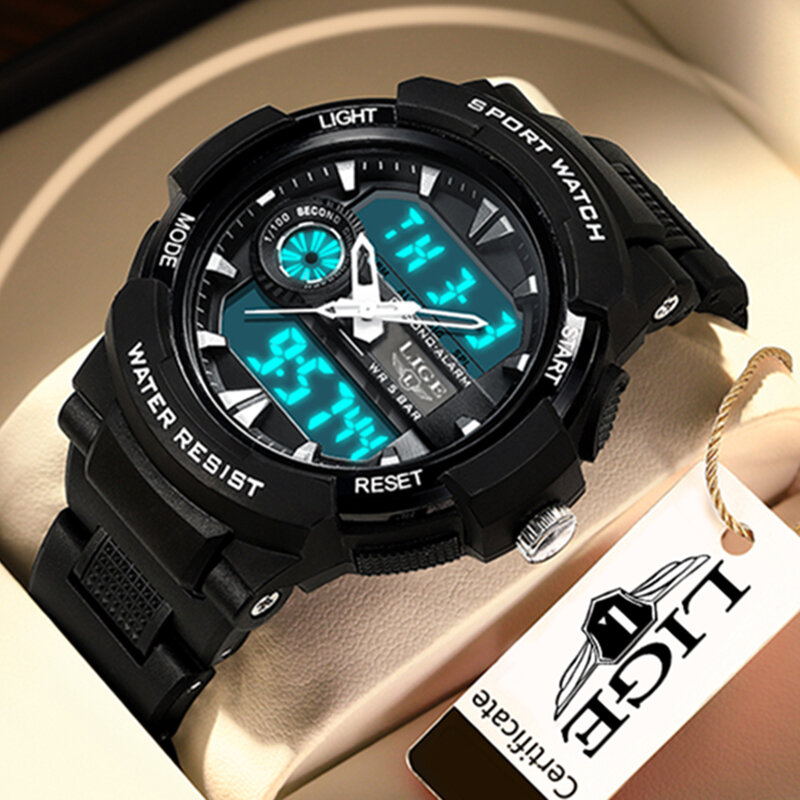 LIGE  Men Sports Dual Time Watches Stopwatches led Digital LED Electronic Quartz Wristwatches Waterproof Swimming Military Watch