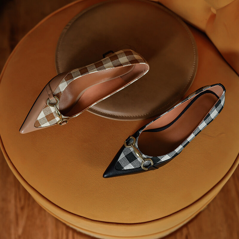 Женские туфли-лодочки из натуральной кожи, весенние туфли из воловьей и клетчатой кожи во французском ретро-стиле, длина 22-2022 см, 24,5