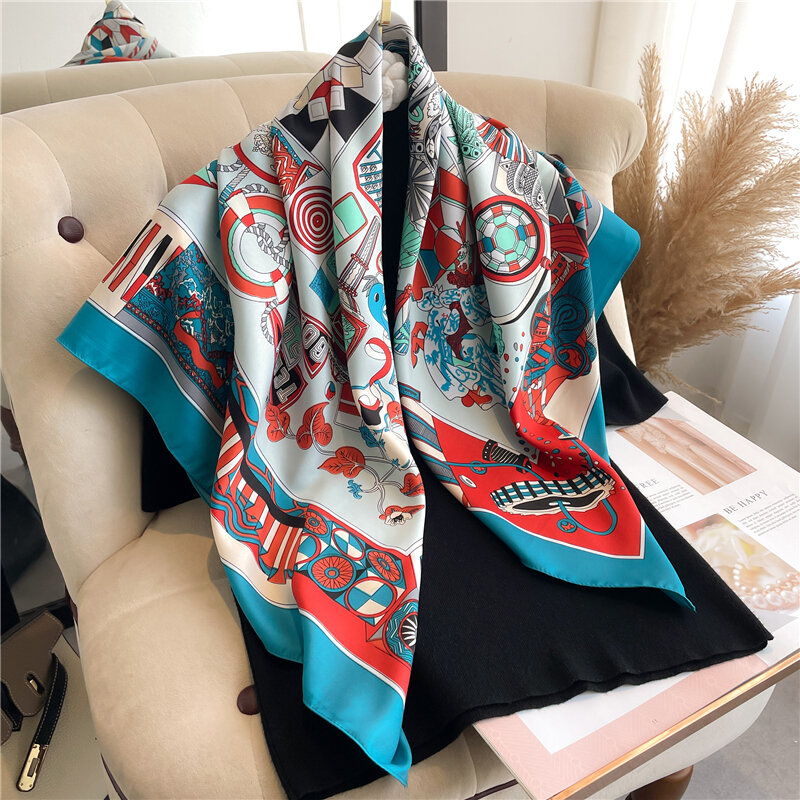 Bufanda cuadrada de sarga de seda para mujer, pañuelo de lujo con estampado de 90cm, Hijab, pañuelo para la cabeza, chal, Foulard Echarpe
