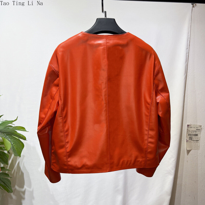 Pele de carneiro jaqueta de couro genuíno feminino em torno do pescoço moda magro jaqueta de couro s3