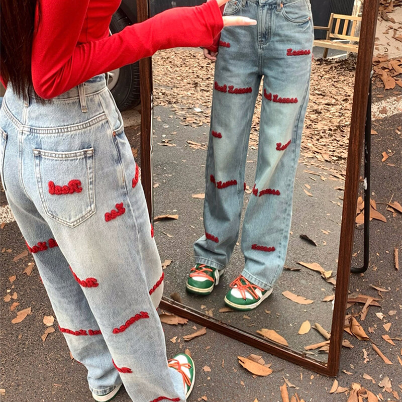 Женские джинсы с вышитыми буквами, облегающие прямые брюки с высокой талией в американском ретро-стиле