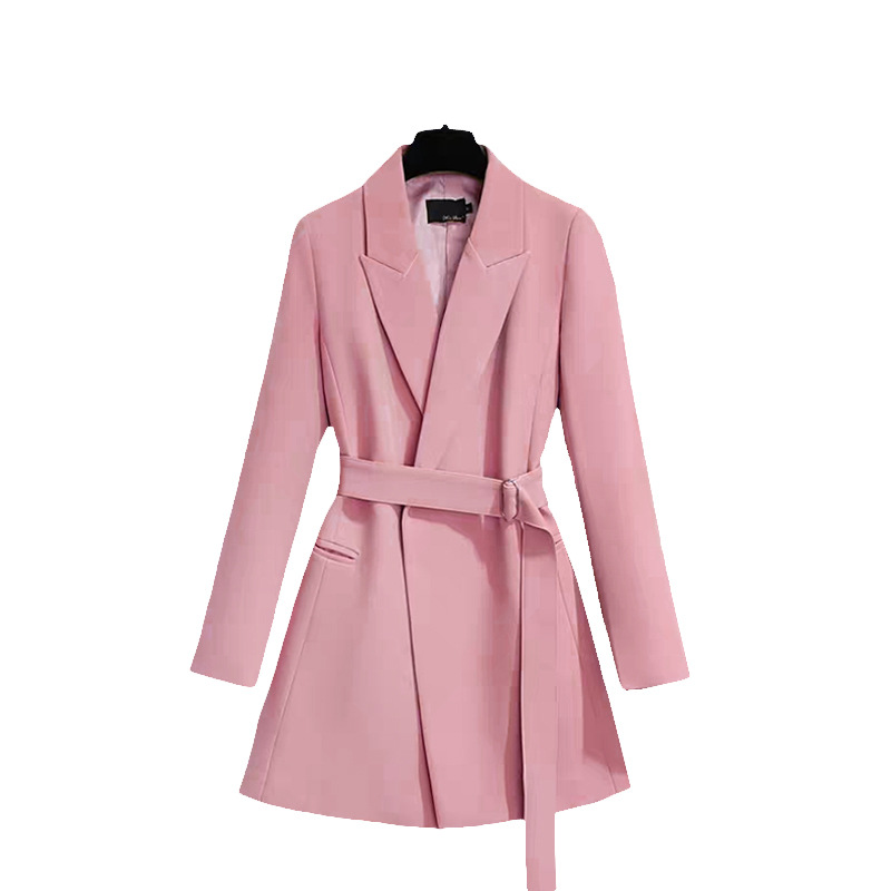 New Office Outerwear Women Casual Coat Lady Lapel Collar Long Sleeve Solid Black White Suits Belted Blazer Jackets