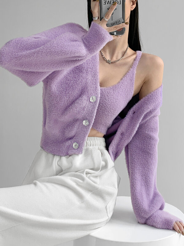Cardigan tricoté en peluche pour femmes, ensemble deux pièces, pull-over Sexy avec bretelles courtes, vêtements d'automne, Y2k, 2022