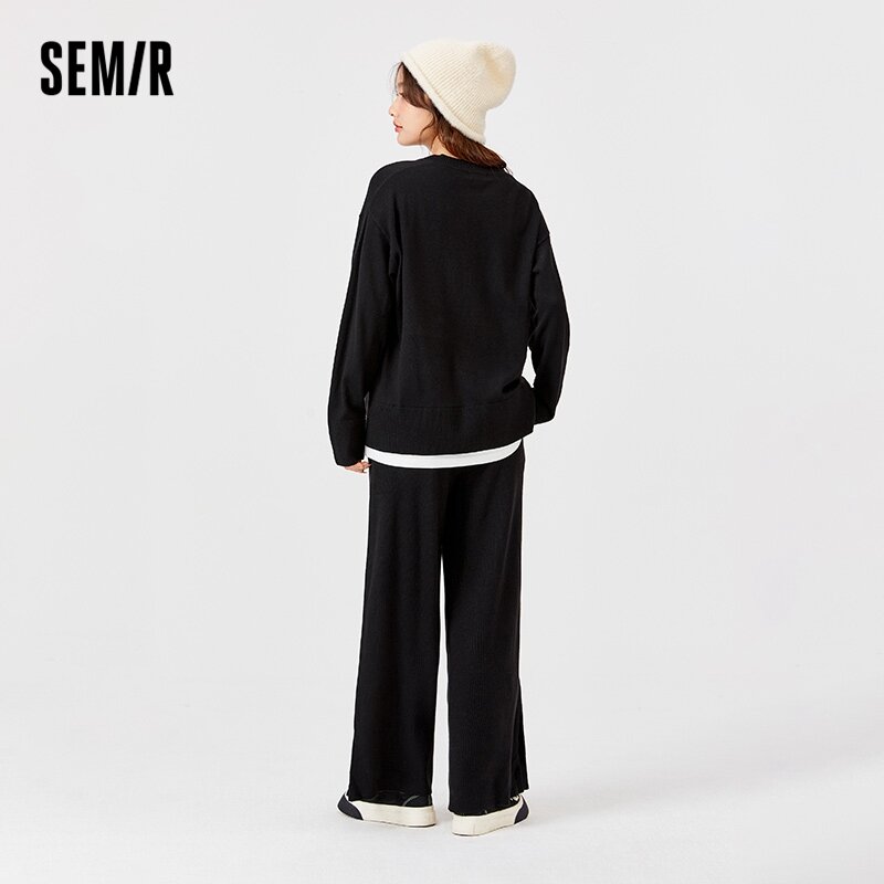 Semir malha terno feminino em torno do pescoço falso de duas peças superior fenda sweatpants 2022 inverno novo solto e preguiçoso conjunto de duas peças