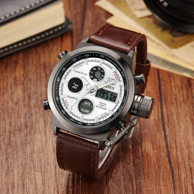 Ohsen pulseira de couro masculino relógios homem digital quartzo relógios de pulso à prova dmilitary água militar relógio esporte mão masculino relogio masculin