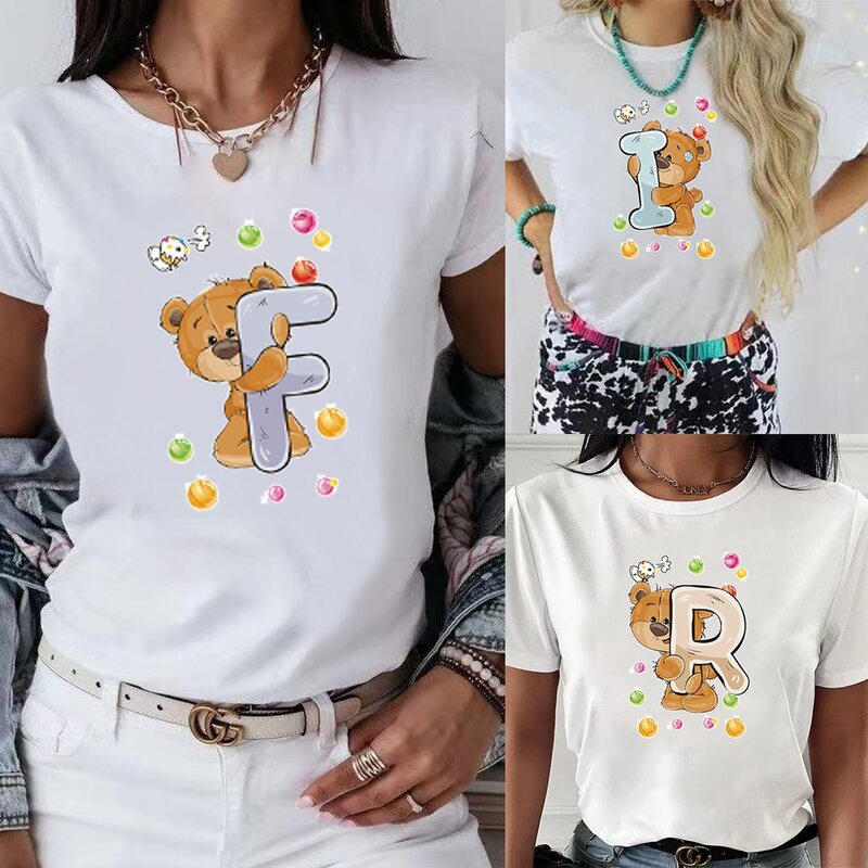 Camisetas Harajuku de verano para mujer, Tops informales con estampado de letras de oso inglés 26, camiseta para mujer, ropa de calle de manga corta