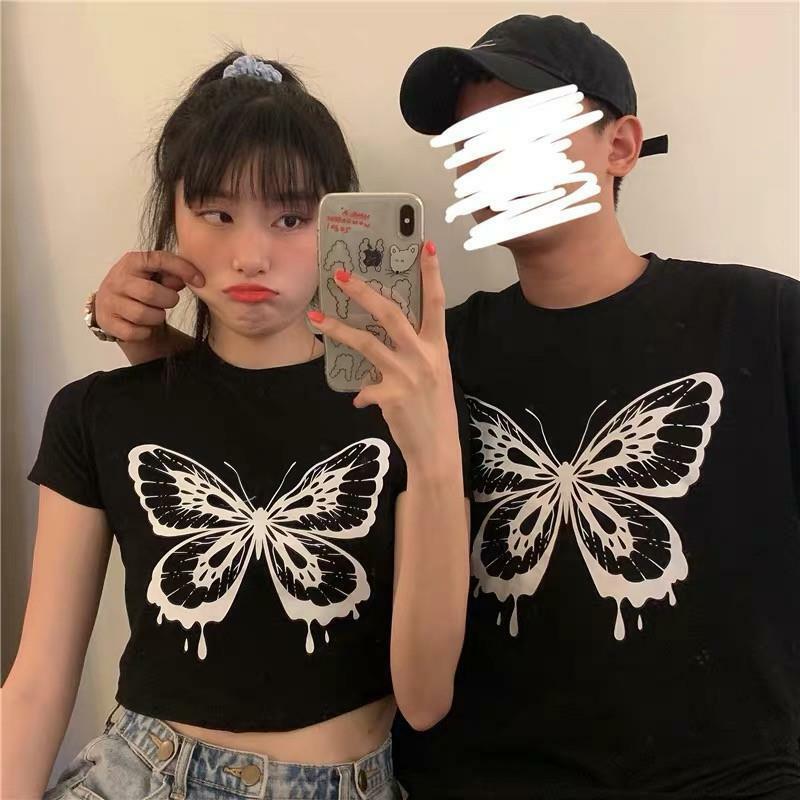 Butterfly Printing Short-sleeved Gothic Streetwear T-shirts Y2k Harajuku Tees Summer American Retro Crop top Couple Unisex Tops