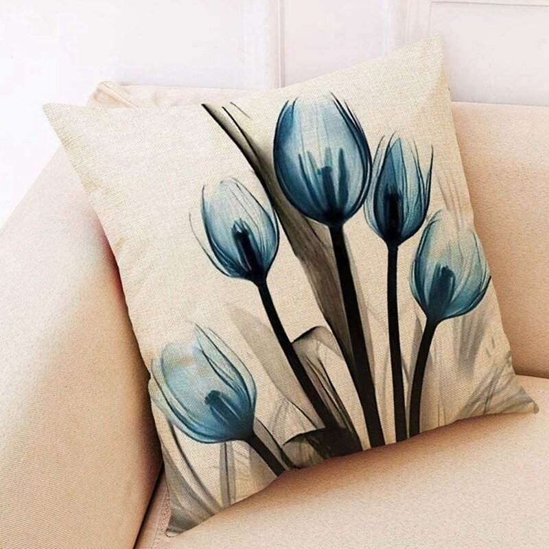 Housses de coussin décoratives à fleurs bleues, taies d'oreiller carrées en lin pour salon