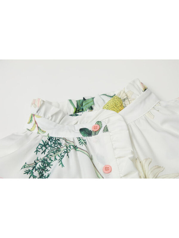 식물 꽃 프린트 스탠드 칼라 셔츠, 여성 봄/가을 최신 레트로 홍콩 스타일 사무실 캐주얼 세련된 루즈한 블라우스 탑 여성
