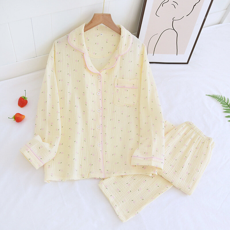 New Japanese Crepe Pajamas Women's Long-sleeved Thin Section Washed Cotton Yarn Girl Cute Print Homewear Suit Ladies Sleepwear