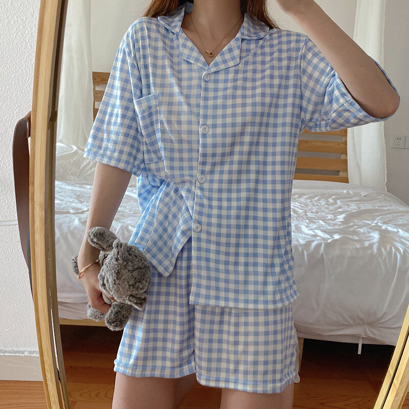 Cotton Pajamas Women's Short Sleeve Shorts Summer Japanese Cute Plaid Pajamas Women's Homewear Ladies Casual Loose Kawaii Suit