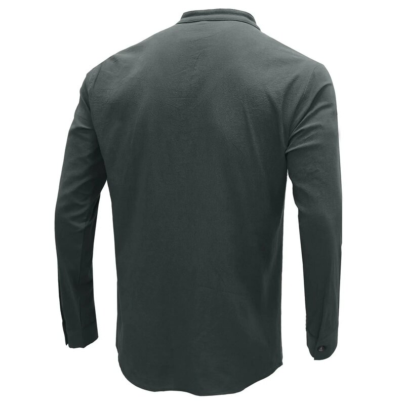 Camisa informal de algodón y lino para hombre, camisa de manga larga con cuello levantado, Color sólido, para vacaciones, primavera y otoño