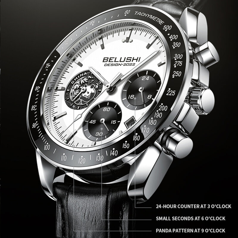 Belushi-Reloj de lujo para hombre, cronógrafo de cuero, resistente al agua, diseño de Panda, envío gratis