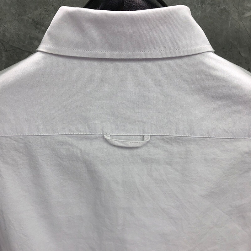 Tb thom camisa de vestido masculino ajuste fino de alta qualidade primavera autunm camisas sólidas branco 4-bar listrado design oxford marca de moda camisa