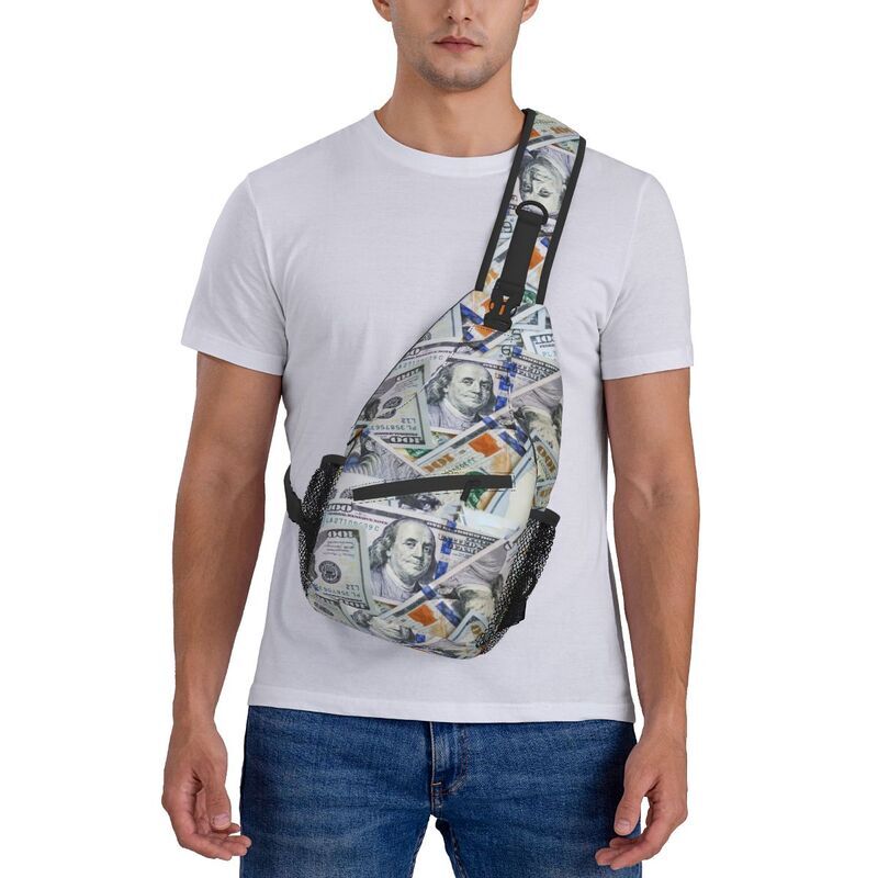 Mochila cruzada de hombro con patrón de dinero personalizado para hombre, morral de viaje y senderismo, 100 USD