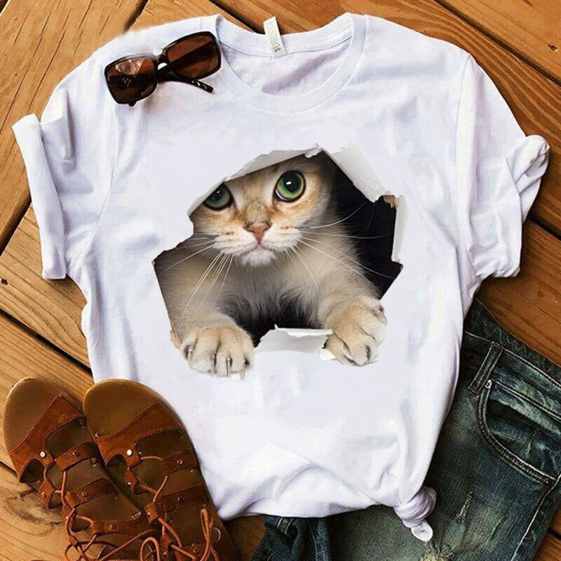 T-shirt manches courtes col rond femme, estival et décontracté, avec chat mignon imprimé, haut créatif et personnalisé