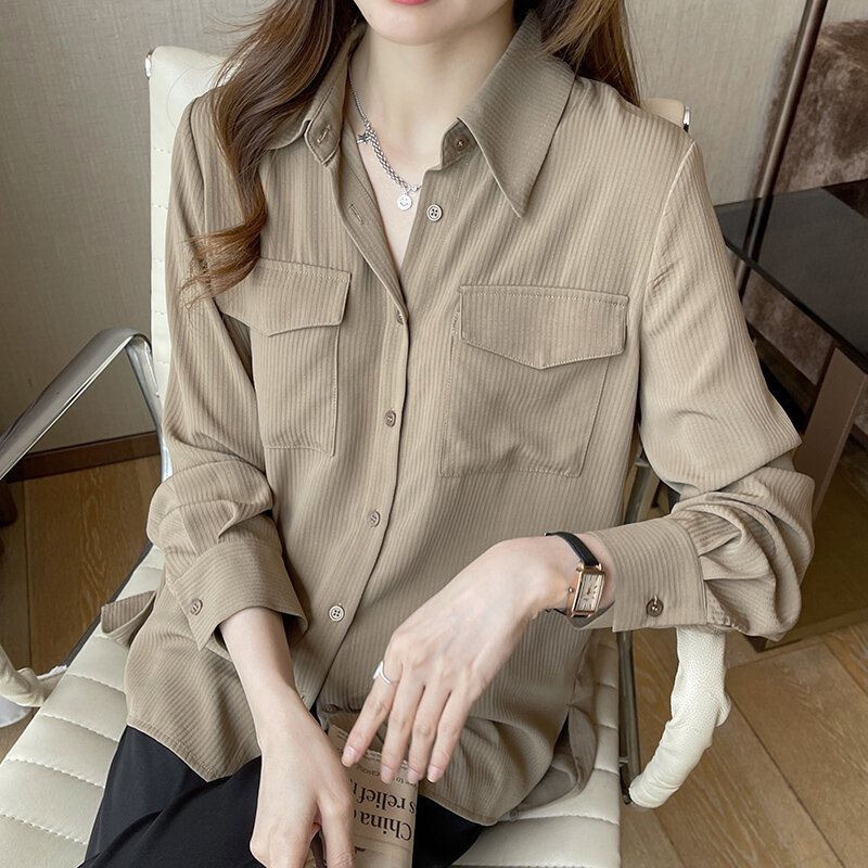 Kemeja Garis-garis Kerutan Padat Wanita 2022 Musim Semi Baru Longgar Semua Cocok Dirancang Longgar Atas Mode Korea Kantong Camisa De Mujer