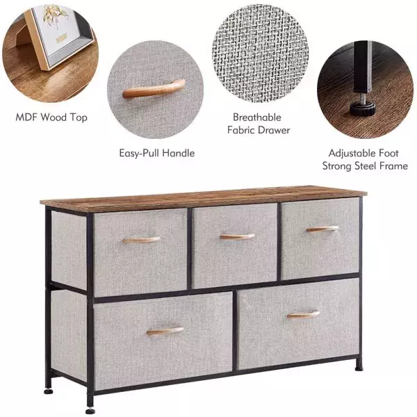 Dresser Storage Organizer, 5 Drawer Dresser  Unit Small Dresser Clothes Storage with Wide Sturdy Steel Frame Wood Top