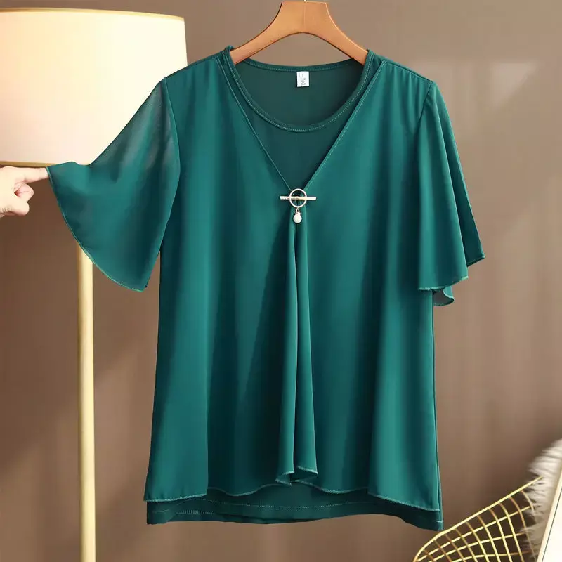 Moda damska letnia szyfonowa bluzka elegancka solidna bluzka z okrągłym dekoltem Oversize damska odzież Casual fałszywe dwie luźne koszulki z krótkim rękawem