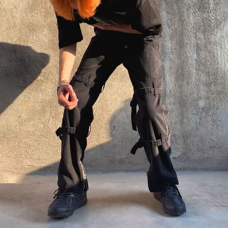 Celana Jeans Hip-hop pria, pita gelap ritsleting kaki gaya jalanan Amerika celana kaki lurus merek populer