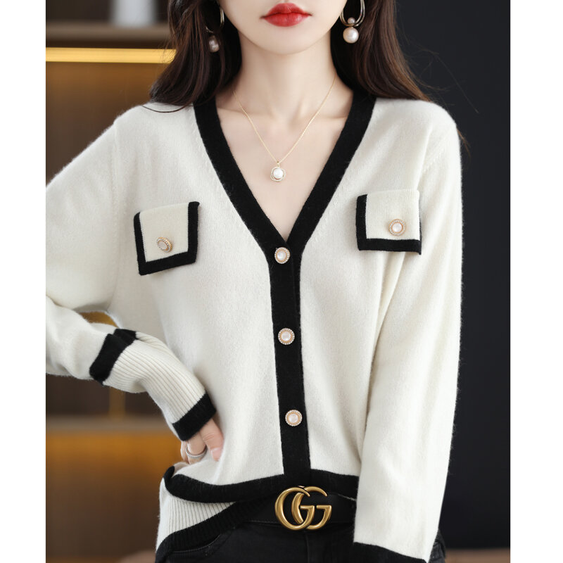 Hot Sale Autumn And Winter New Women's Korean Style Fashion Stitching 100% Wool Knitted Casual Top V-Neck Fragrant Chic Cardigan