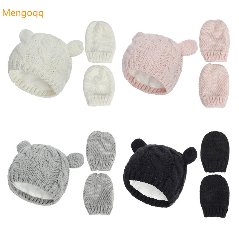 New Infant Baby Kids Girls Boys Winter Warm Knit Hat Ear Solid Warm Cute Glove 2pcs Lovely Beanie Kids Newborn Cap 0-18M