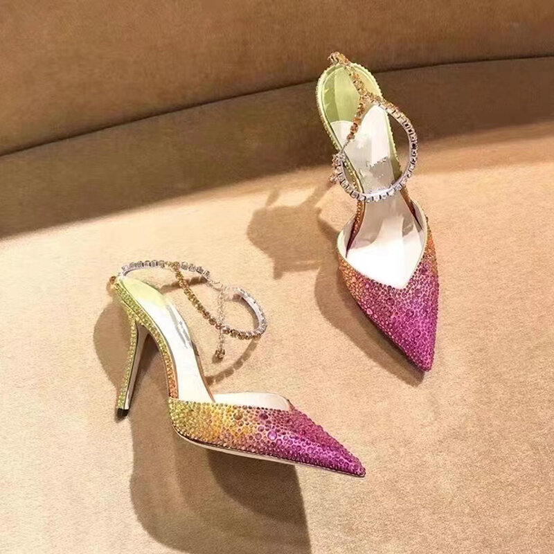 Sandalias de lujo con cadena de diamantes de imitación para mujer, zapatos de tacón alto sexys a la moda, de fiesta, estilo estrella, para boda y graduación