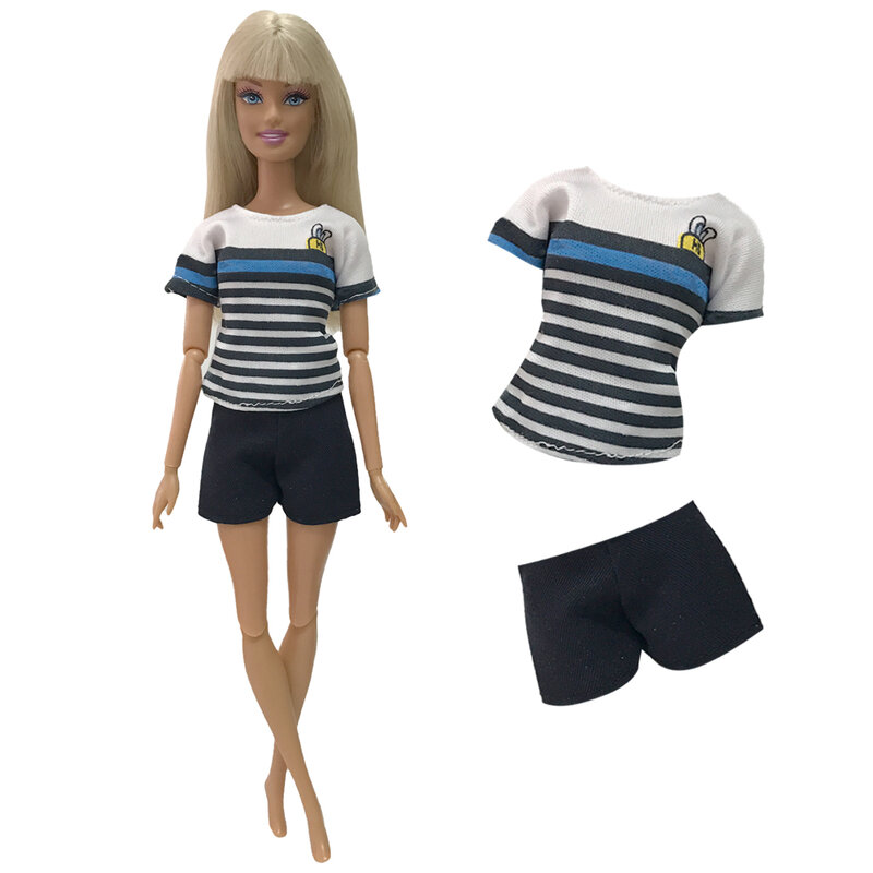 Nk oficial 1 pçs roupa casual moda azul listrado camisa calças pretas roupas modernas para barbie boneca acessórios 1/6 brinquedos