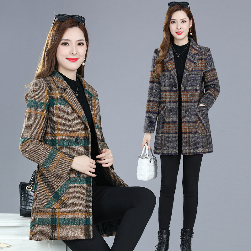 2022 New Women's Autumn and Winter Coat Korean Edition Thickened Slim Long Sleeve Versatile Suit Women's Top Woolen Plaid Suit C