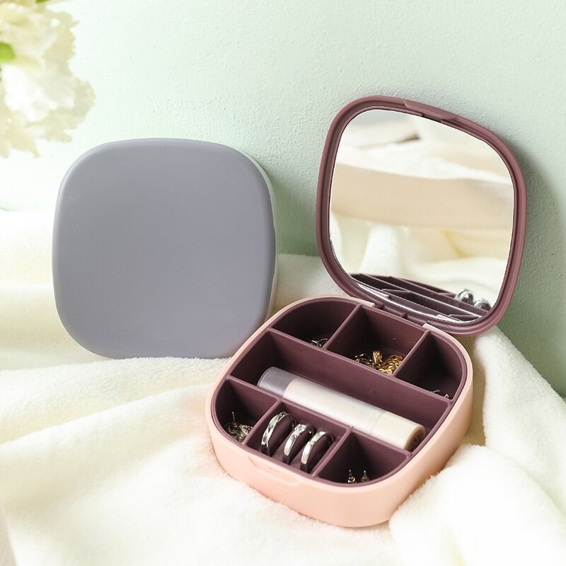Женская пластиковая портативная коробка для хранения с зеркалом, шкатулки для украшений, сережек, колец, витрины