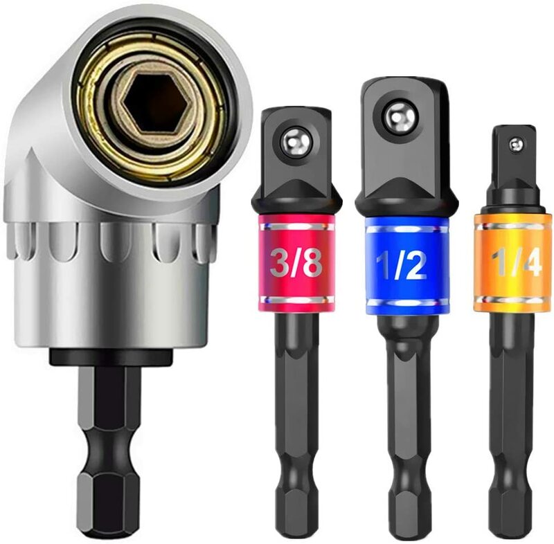 3Pcs 1/4 3/8 1/2" Hex Shank Drill Nut Driver Bit Set with 105 Degree Right Angle Driver Extension Screwdriver Drill Attachment