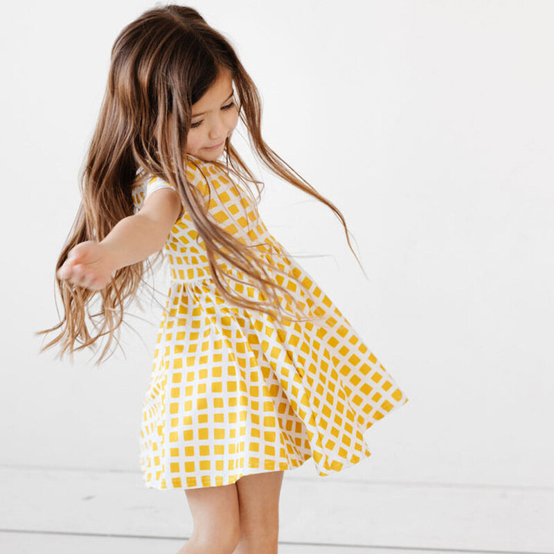 Girls' checkered printing fashion casual Summer Pop dress Dress for girls Flower girl dresses  4-6y