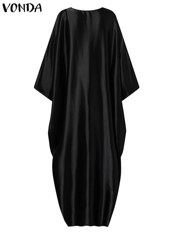 Summer Party Dress VONDA 2022 Fashion Women Vintage Printed Patchwork Satin Silk Sundress Casual Loose Long Sleeve V-Neck Robe