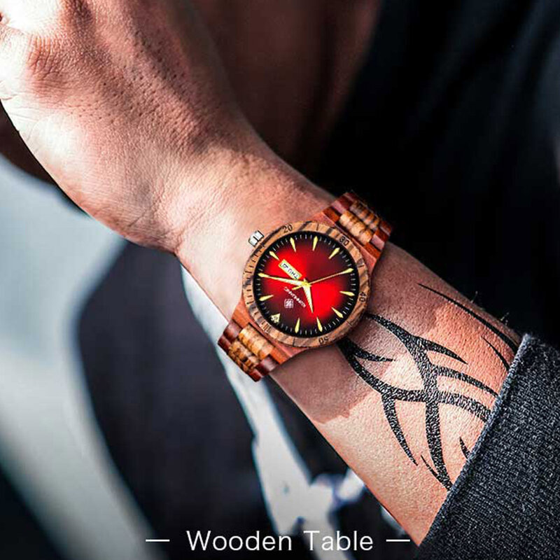 KUNHUANG-Reloj de madera Natural para hombre, cronógrafo de lujo con puntero luminoso, doble Calendario, multifuncional, de cuarzo, con caja de regalo