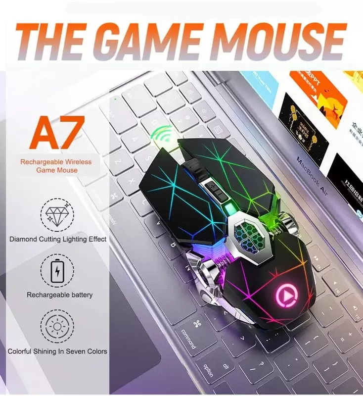 BENTOBEN-ratón óptico inalámbrico USB para juegos, dispositivo silencioso recargable con retroiluminación LED de 7 colores, 2,4G, 1600DPI, para PC y portátil