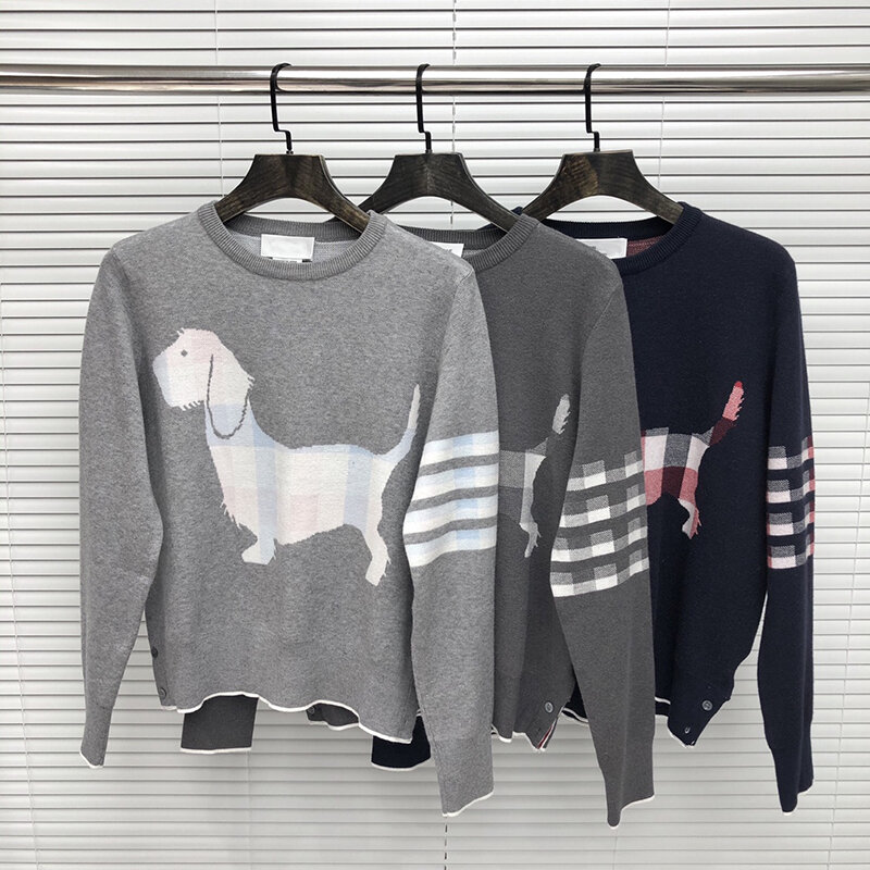 TB THOM-백 강아지 프린트 스웨터, 가을/겨울 패션 브랜드 의류, 클래식 4 바 스트라이프 풀오버 코트, 고품질 스웨터