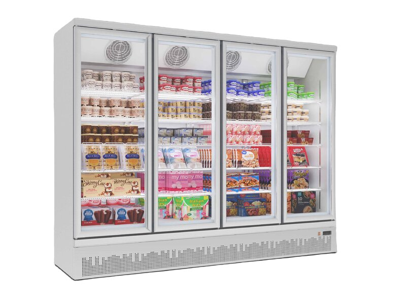 Escaparate de equipo de supermercado, vidrio comercial, 4 puertas de vidrio, congelador vertical, autodescongelador, bebidas en posición vertical