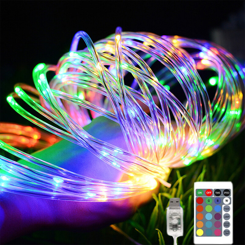 Manguera de luz LED RGB de 5m, 10m, 20m, cadena de luces LED de hadas USB + Control remoto, guirnalda de luz impermeable para Navidad, Año Nuevo, decoración de jardín