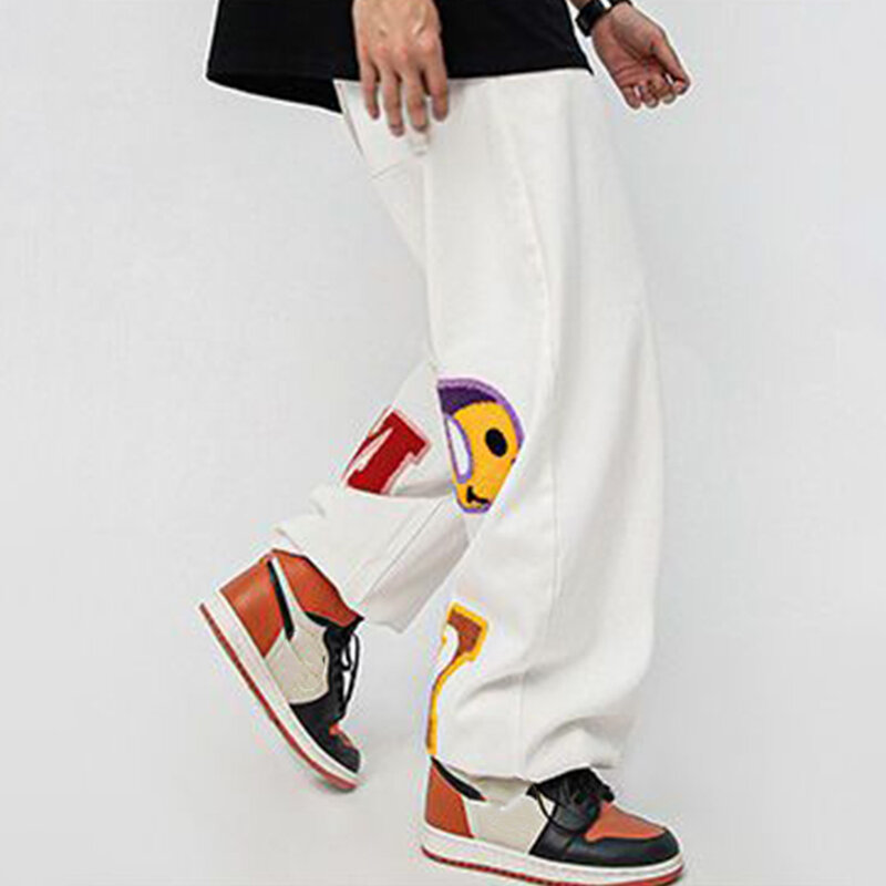 Y2k Trendy Loose Wide-leg Trousers 2023 New Men's Embroidered Letters Graffiti Jeans Street Wear Hip-hop Straight Casual Pants