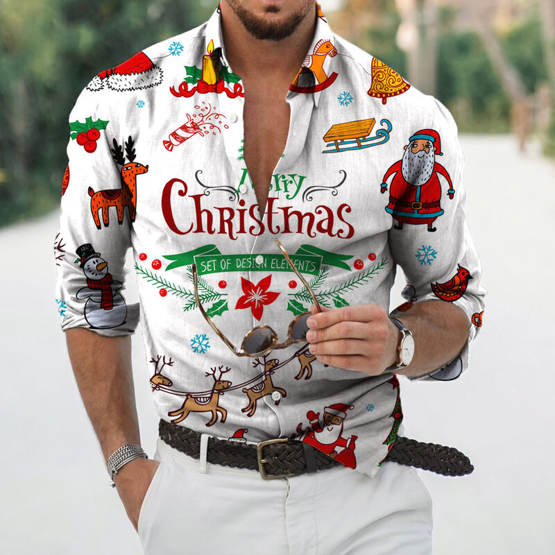Гавайская рубашка для мужчин, 3d принт Санта Клауса, праздничные пляжные Топы с длинным рукавом, футболка, большие размеры, весна