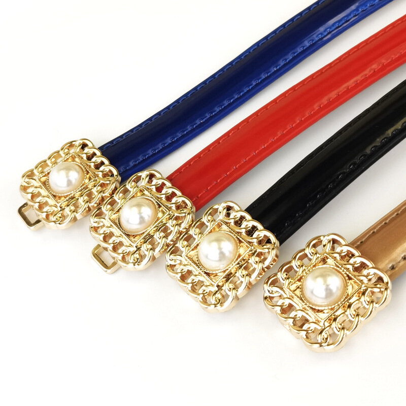 Cinturón de cuero de vaca con hebilla de perlas de dos capas para mujer, cinturón coreano de moda, sección fina Simple de charol, nuevo diseño