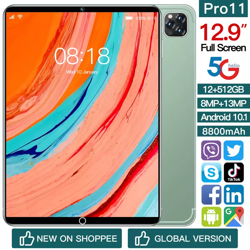 เฟิร์มแวร์ระดับโลก5G แท็บเล็ต P11 Pro 12.9นิ้ว Tablete หน้าจอ Full HD แท็บเล็ต Android 10 Dual Sim 8800MAh tablette P11 Pro Android